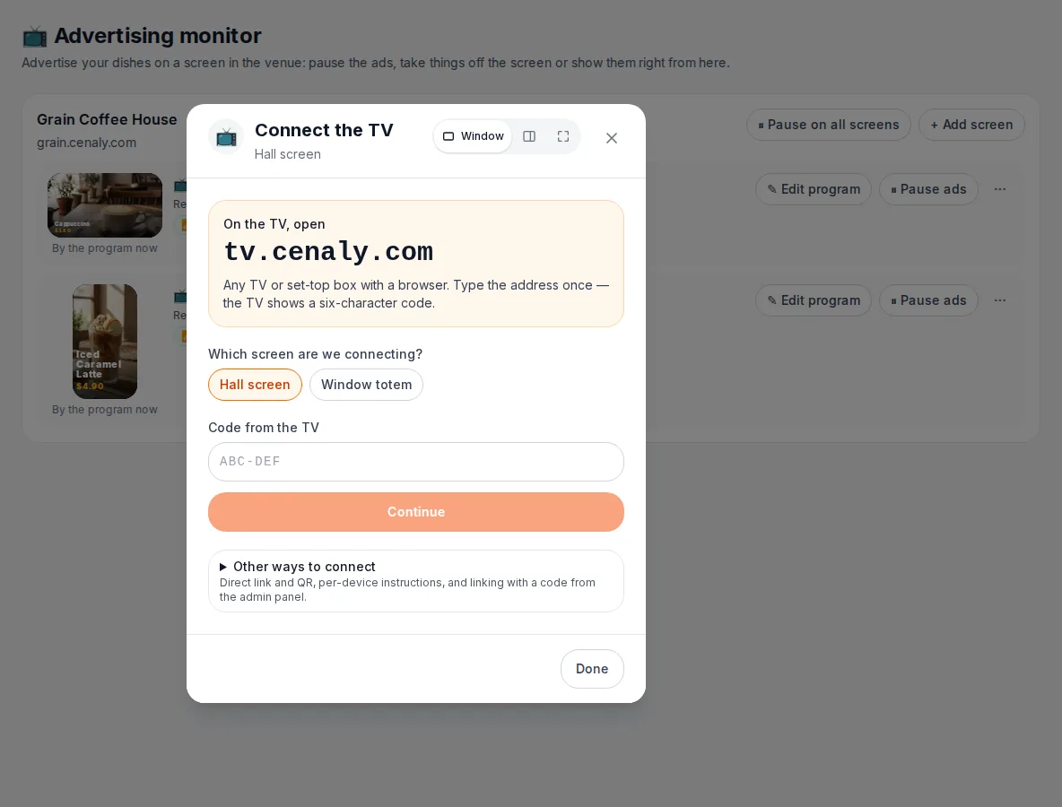 The “Connect a TV” window in the dashboard.