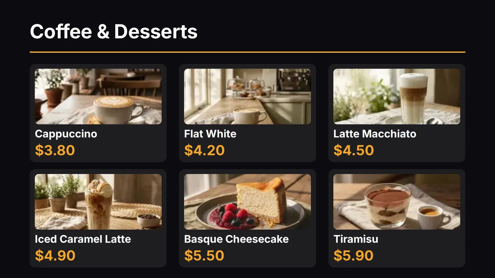 Frame from the TV: a menu board with prices taken from the catalog.