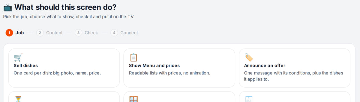 Ad screen program wizard: six jobs — sell dishes, menu and prices, a promotion, queue fill, window display and checkout add-ons