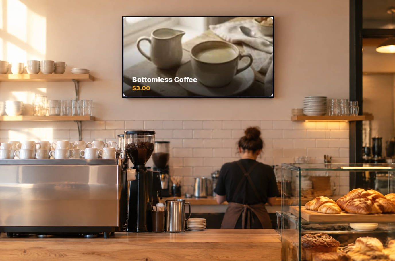 A TV above a coffee shop counter shows a menu item with its photo and catalog price