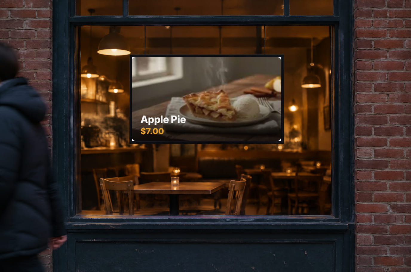 A screen in a cafe window facing the street shows a dessert and its price in large type for passers-by