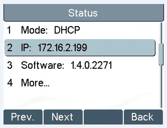 Экран Status на Fanvil X3S: 1 Mode DHCP, 2 IP 172.16.2.199, 3 Software, 4 More