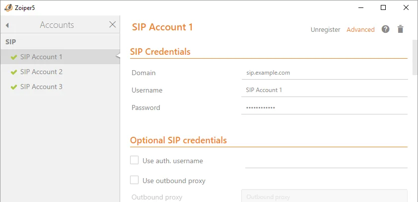 Zoiper 5: окно SIP Account 1 — поля Domain, Username, Password и выключенные Use auth. username и Use outbound proxy