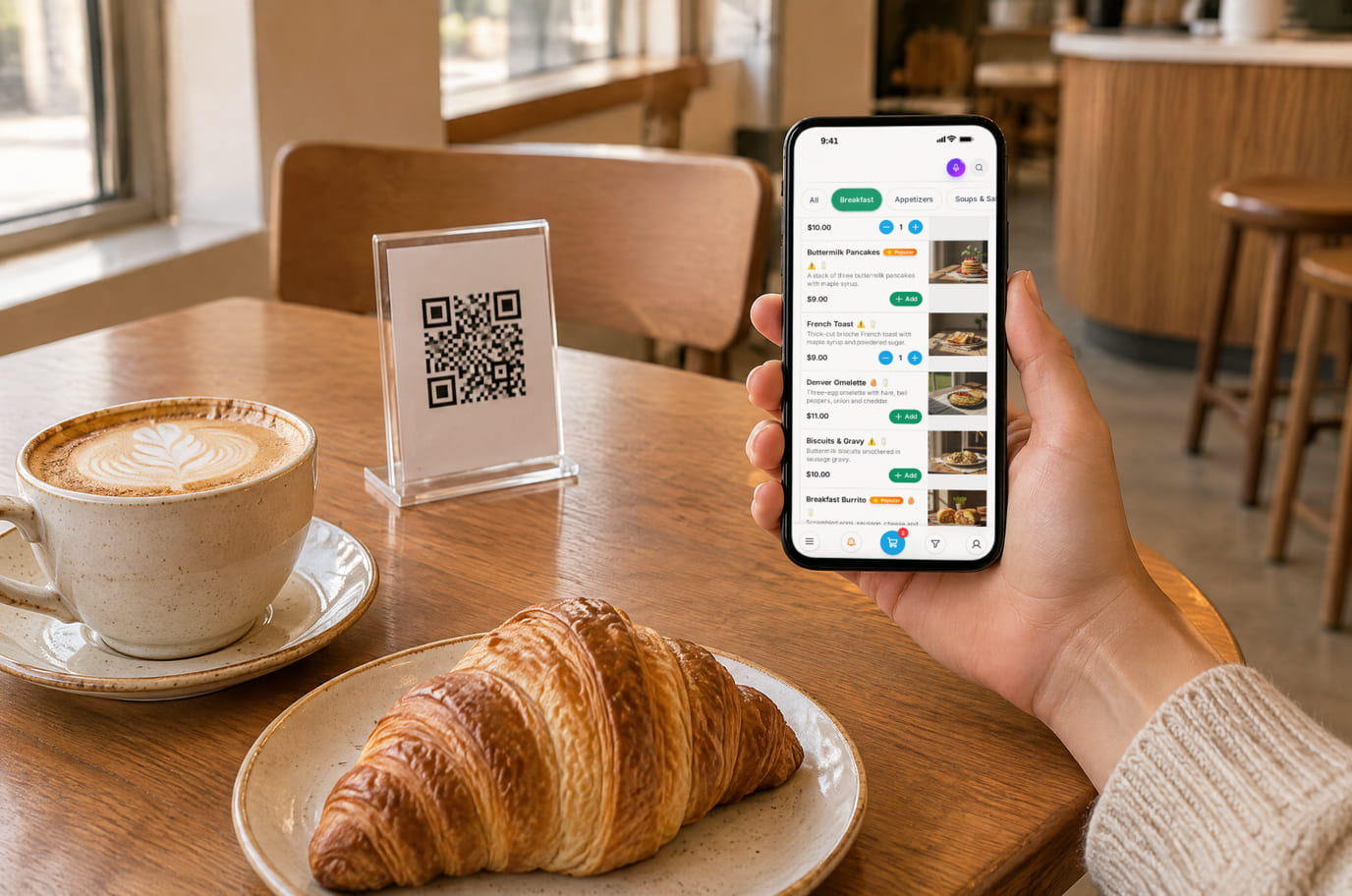 A café guest opens the menu with dishes and prices on a phone beside the table’s QR card