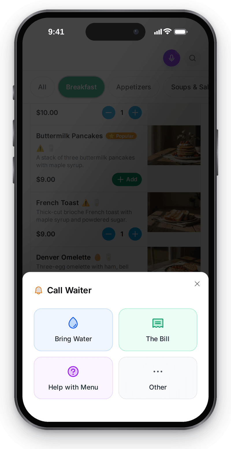Call-waiter sheet on a guest's phone: bring water, the bill, help with the menu and other