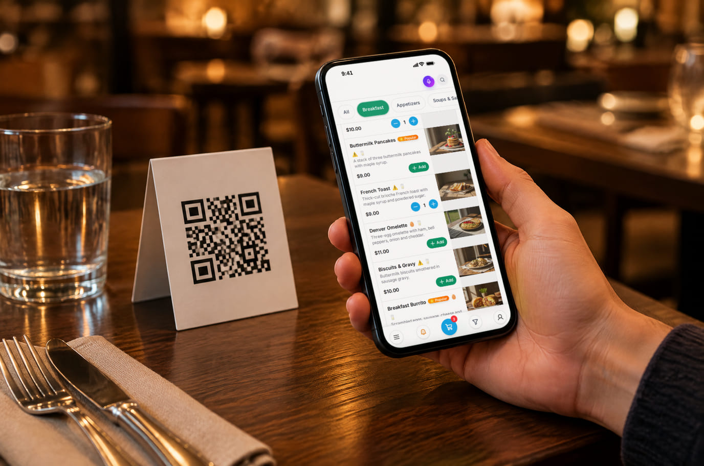 A restaurant guest points a phone at the table QR card and the menu with dish photos and prices opens