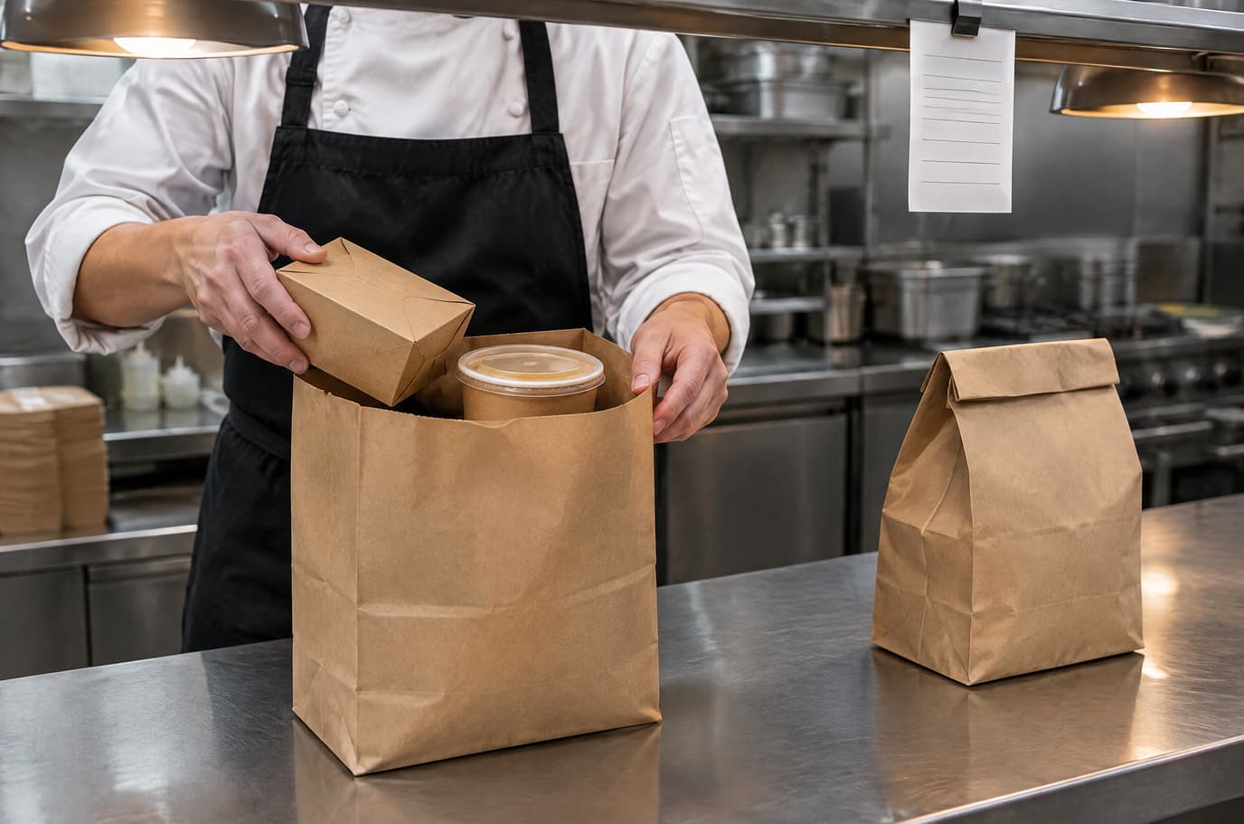 A cook at the pass packs food containers and a soup cup into a paper delivery bag
