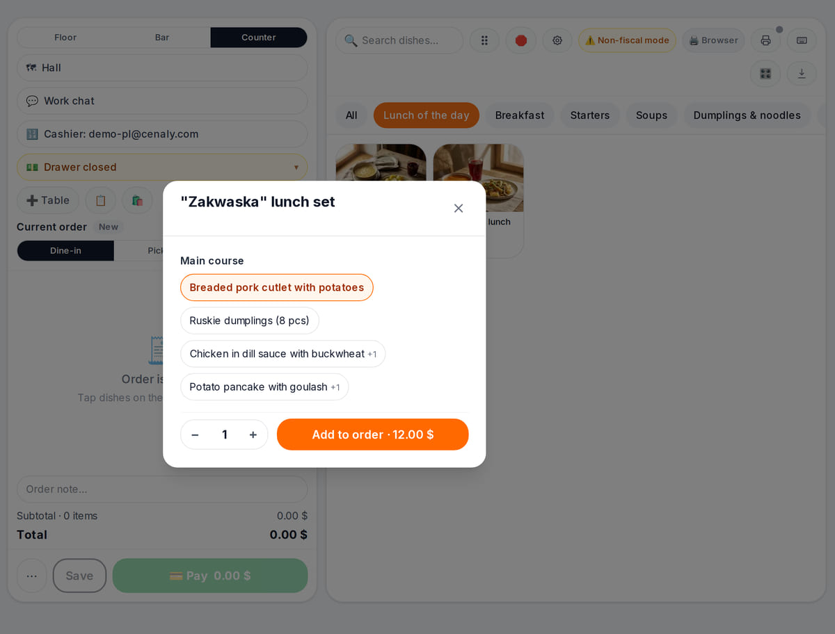 Set-lunch window at the POS: choice of main course, surcharge for an option and the Add to order button