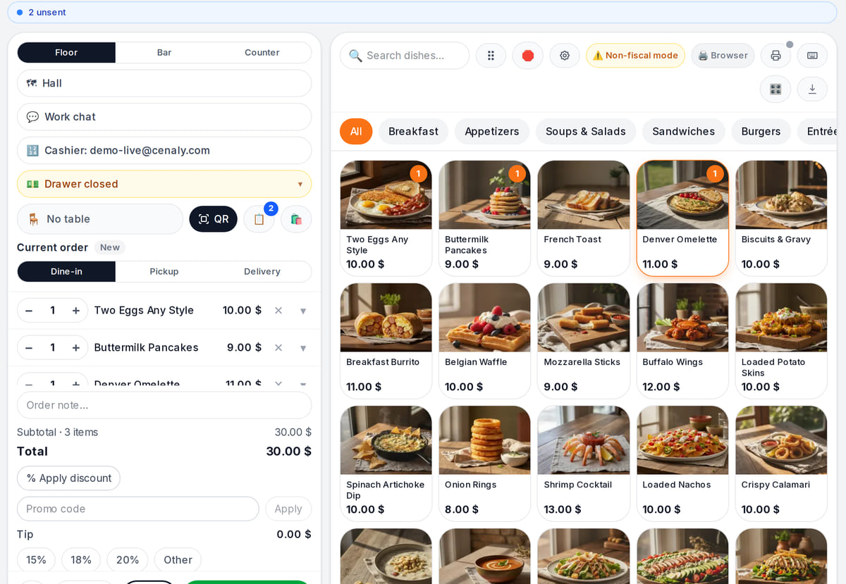 Cenaly POS in a tablet browser: dish tiles with photos and prices, an open three-item order on the left and the Pay button