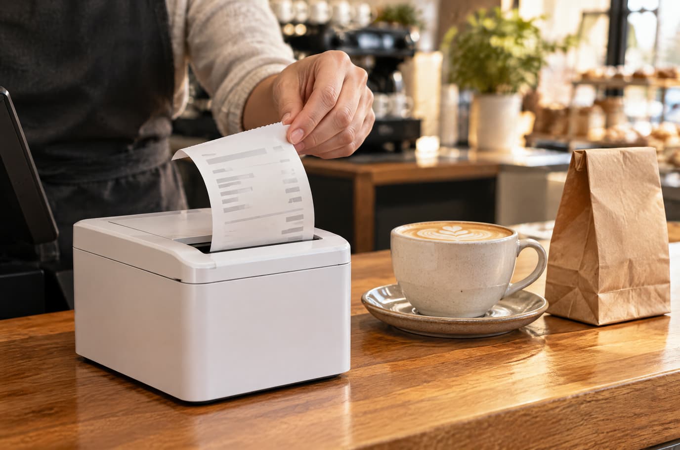 A cafe worker tears off a receipt from a compact receipt printer on the counter next to a cappuccino