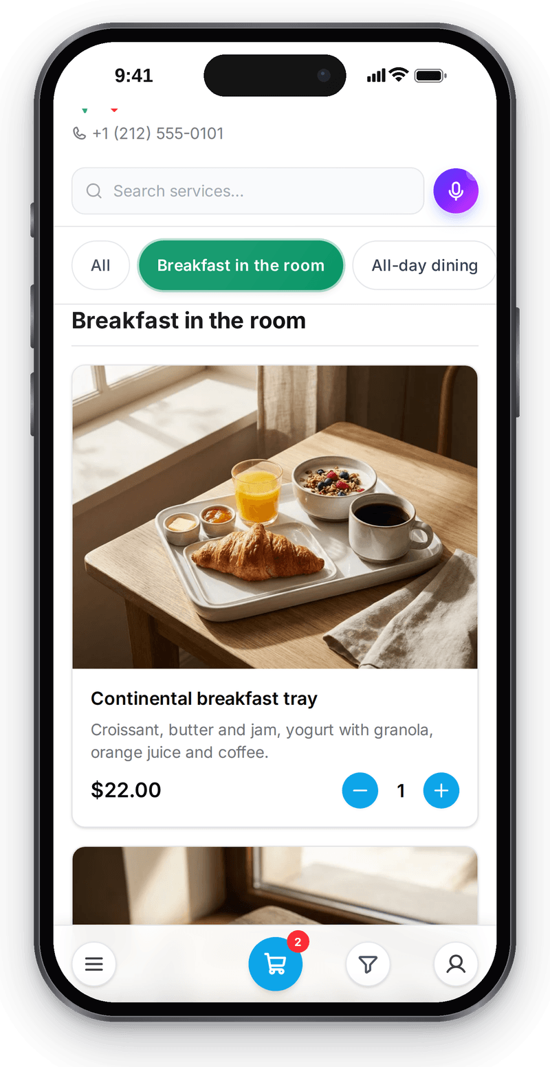 In-room breakfast menu on the guest's phone: dishes with photos, prices and an Add button