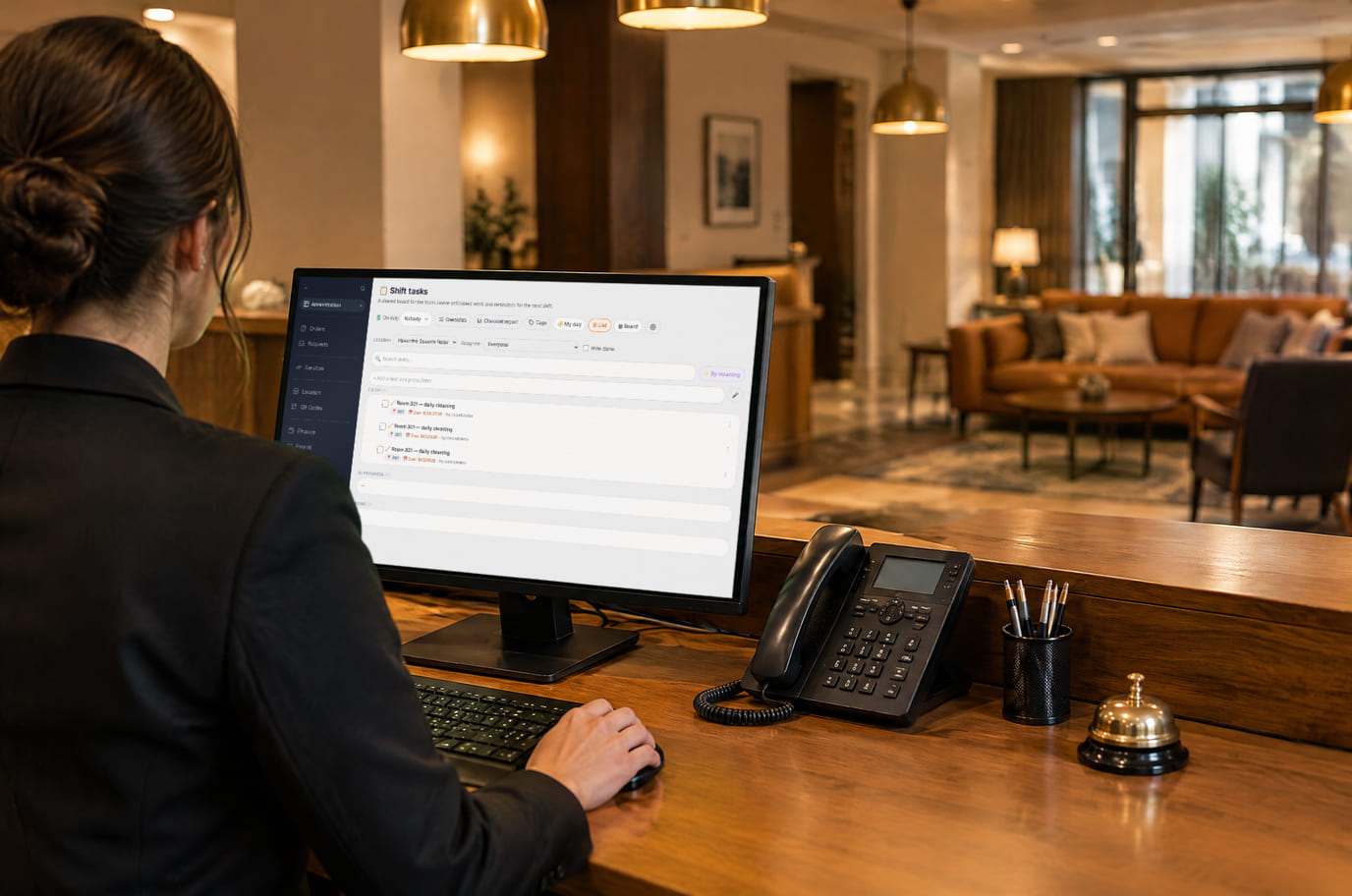 Hotel receptionist at the front desk with the Cenaly shift task board on the monitor