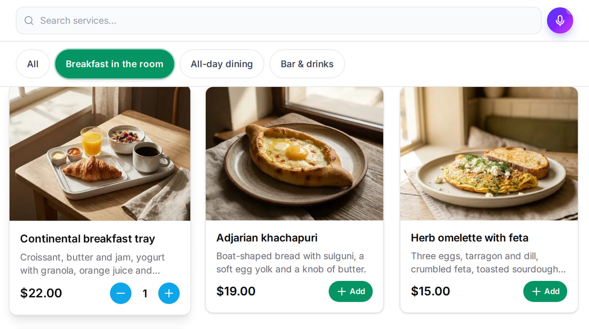 Hotel room-service menu in a browser: breakfast, kitchen and bar sections with prices