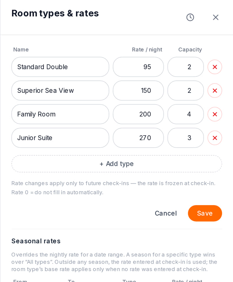 Room types window in the dashboard: capacity and nightly rate for each type