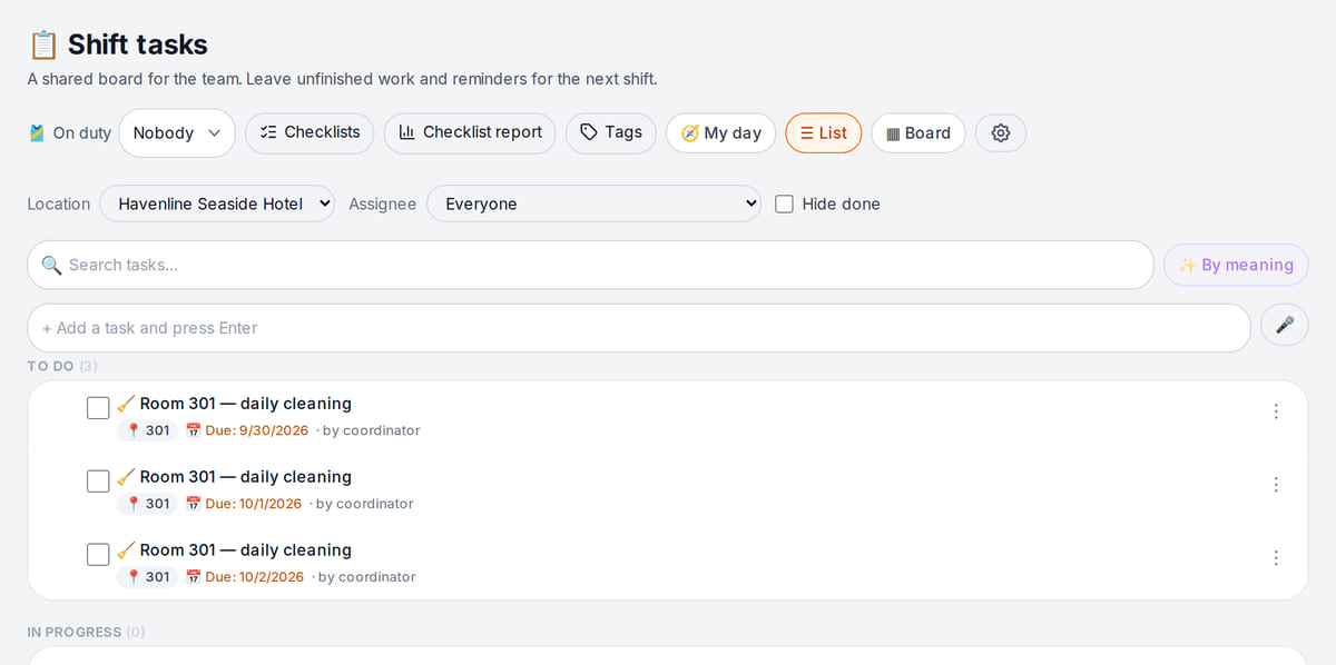 Hotel shift task board: room cleaning tasks with room number and due date