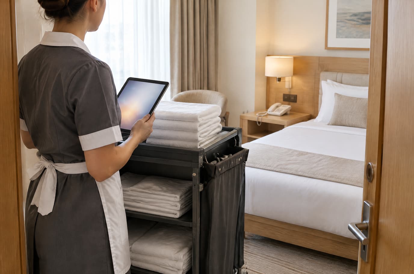 A housekeeper with a tablet and a linen cart at a room door; a phone on the nightstand inside