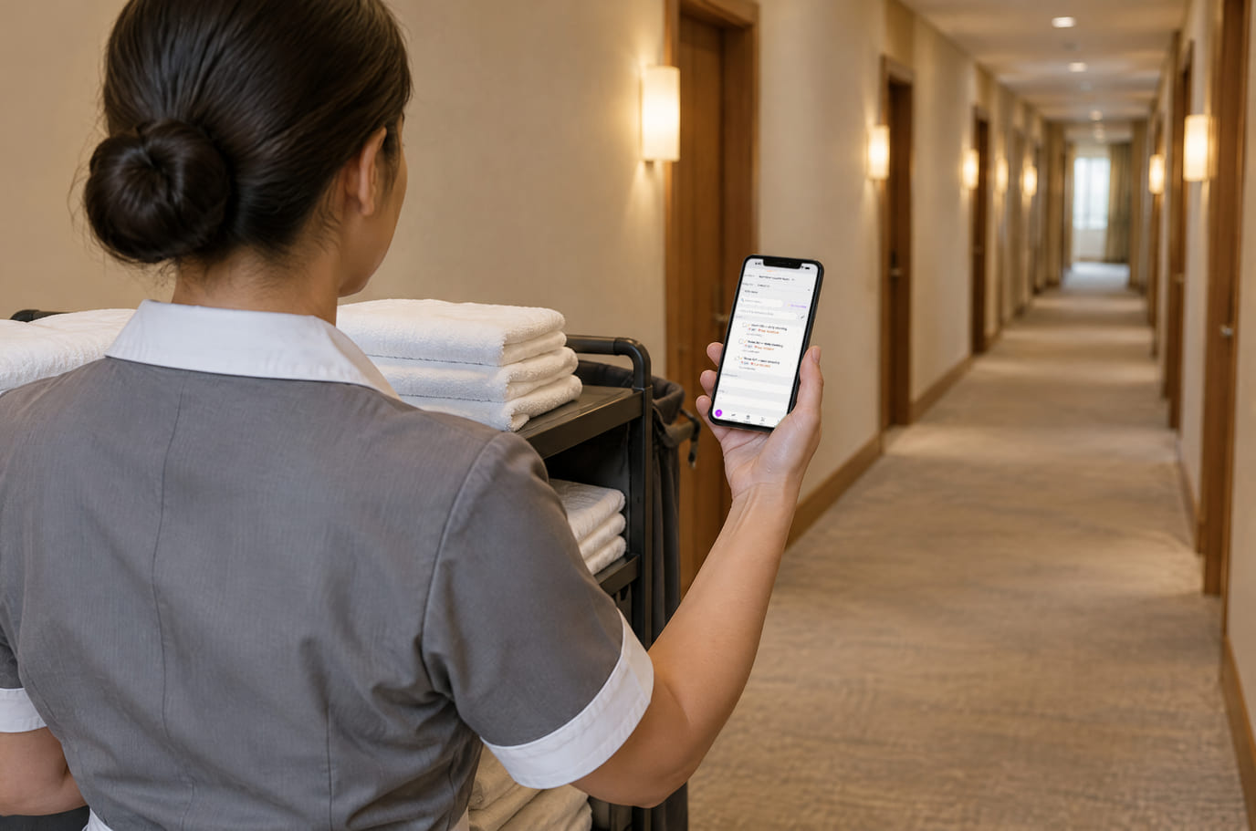 Housekeeper in a hotel corridor by the linen cart checking cleaning tasks on her phone