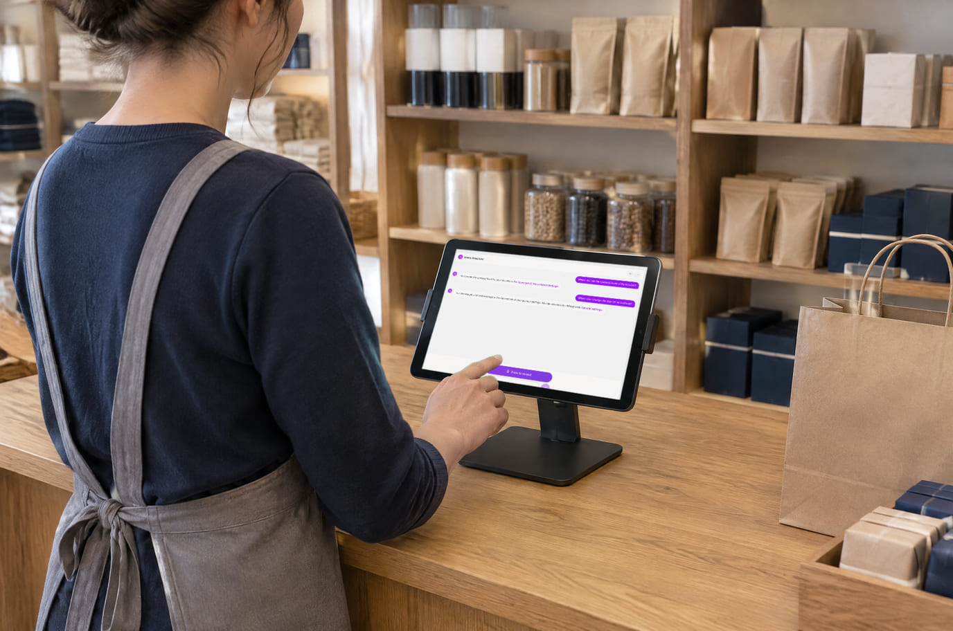 A shop assistant behind the counter asks the AI assistant on a tablet on a stand; the screen shows an answer about settings