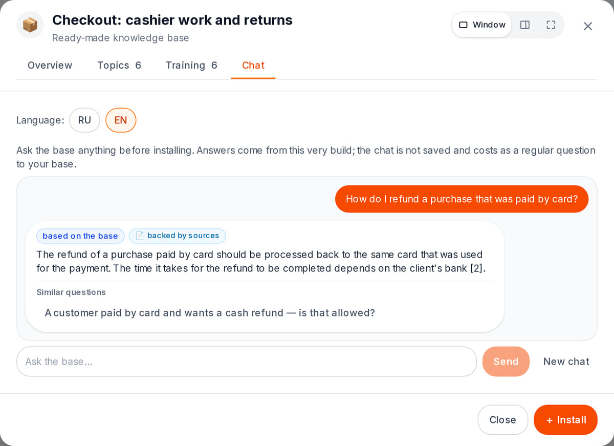 A knowledge-base answer to a staff question about a purchase refund, with a list of source documents