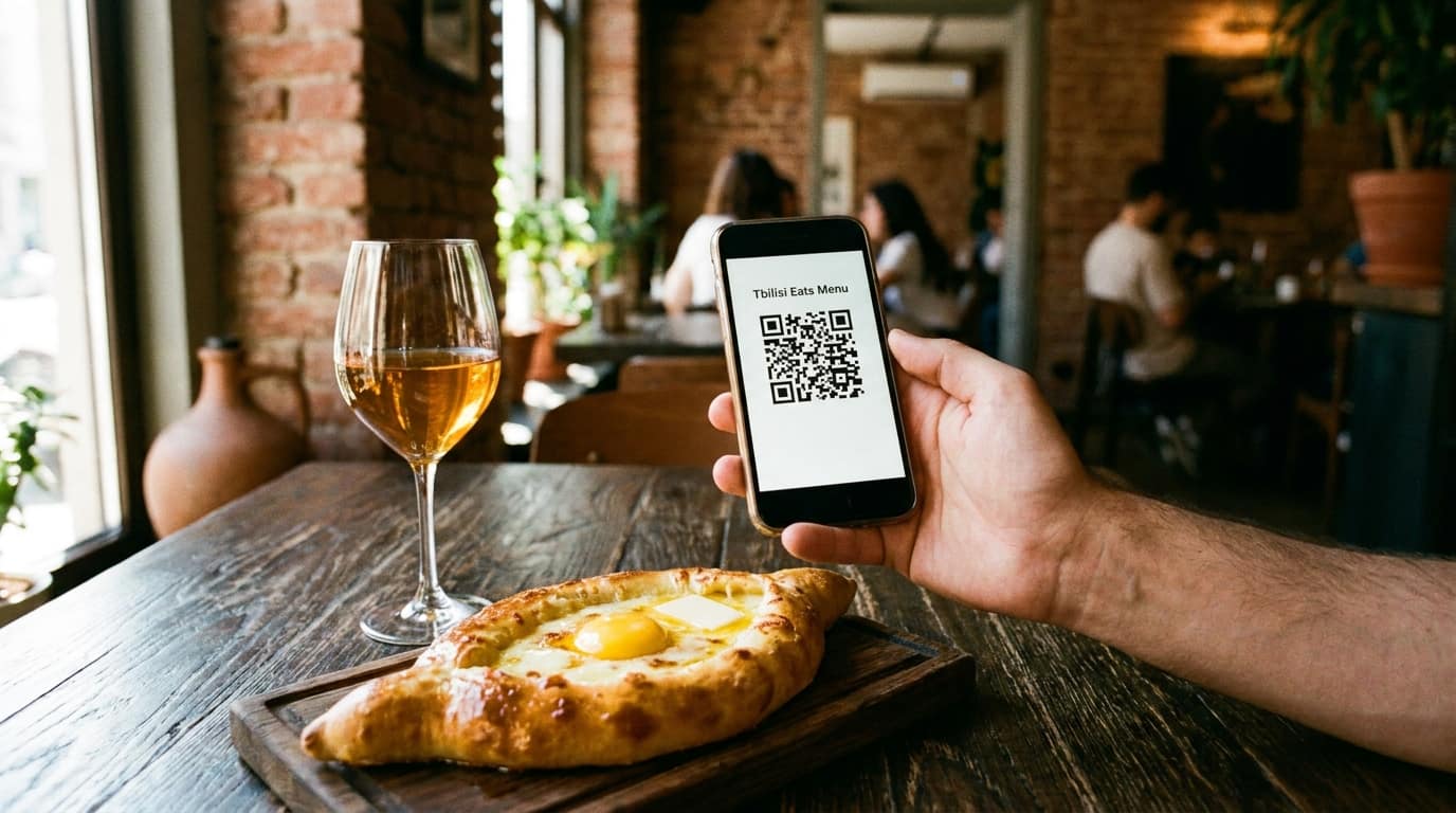 Guest scanning QR menu at a Tbilisi restaurant