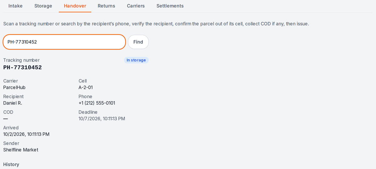 Parcel handover by tracking number: carrier, cell, recipient, phone, storage deadline and the recipient check step