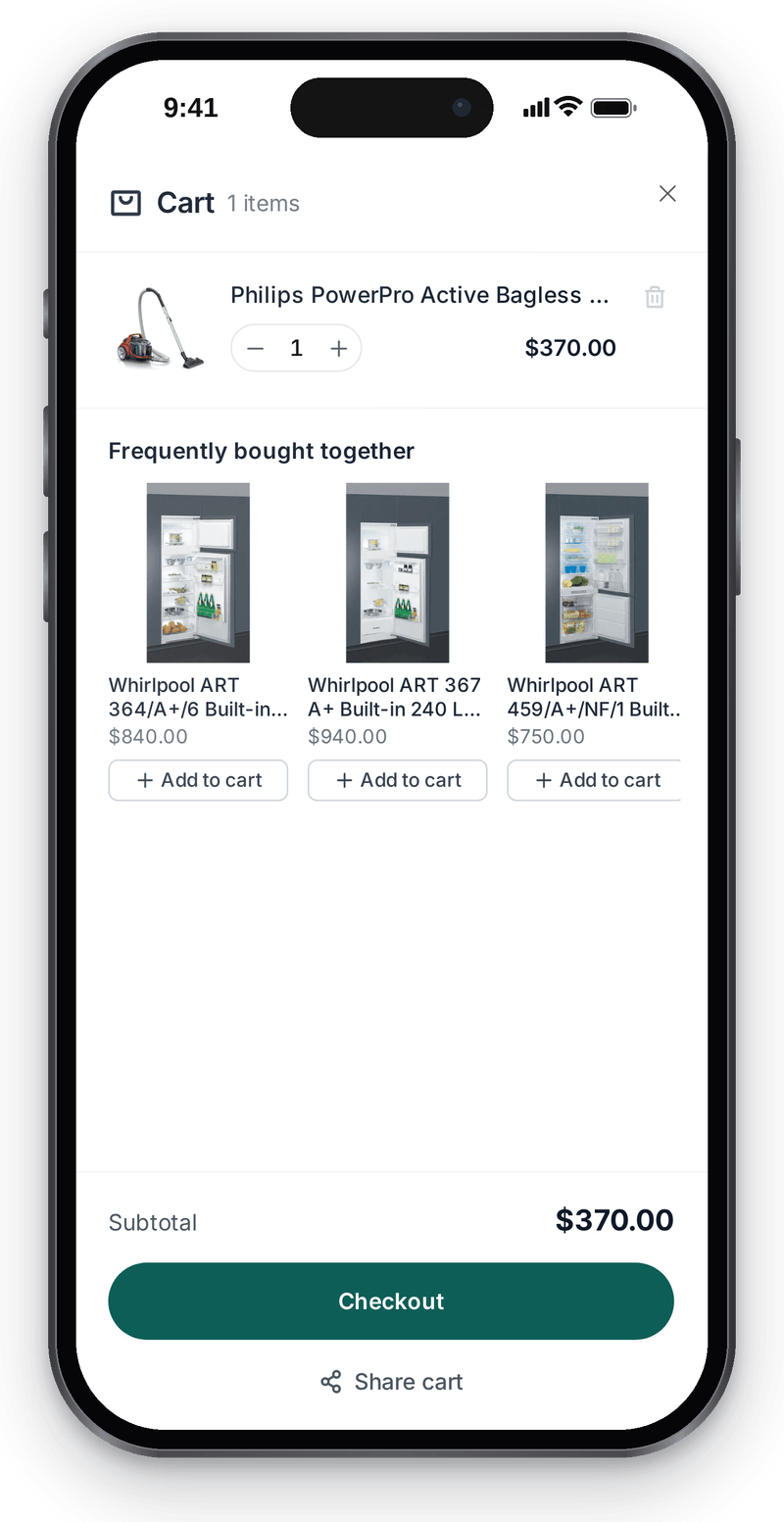 The online store cart on a phone: the selected vacuum, quantity, total and the checkout button