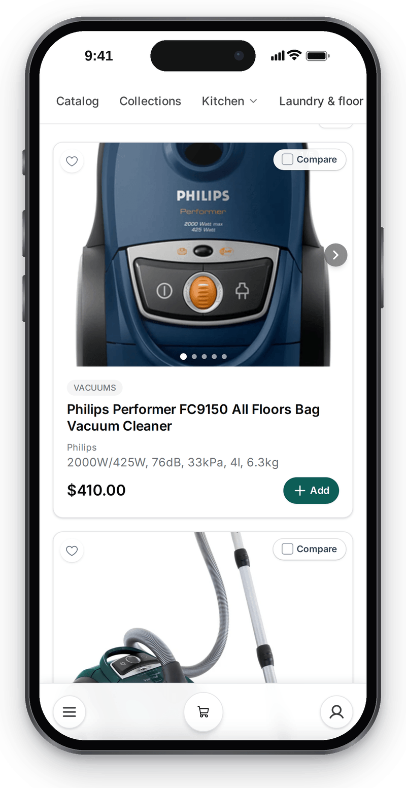 An online store on a phone: a collection of vacuums as cards with photos, names and prices