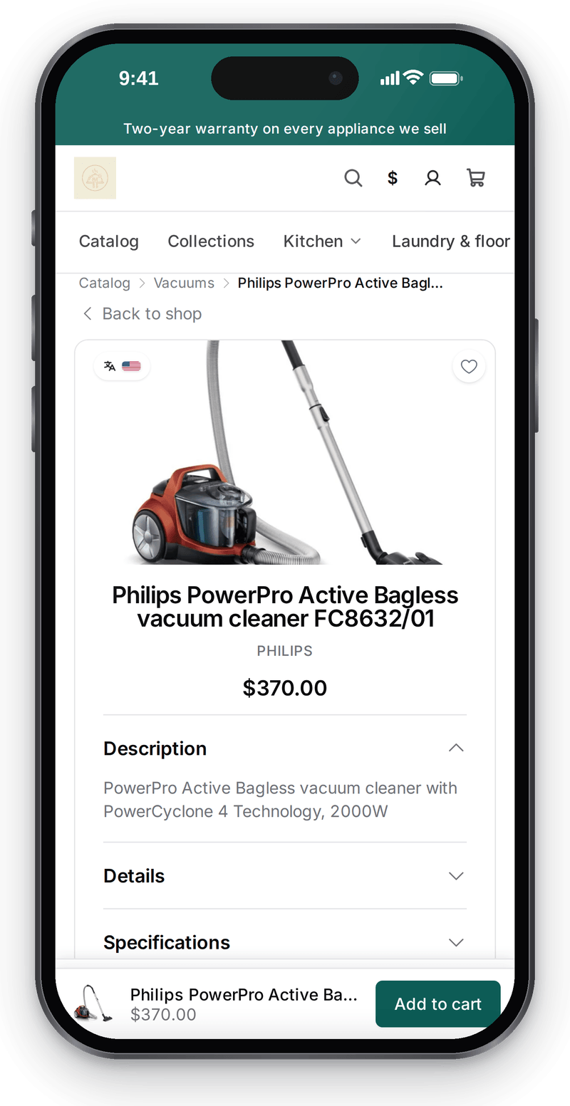 A vacuum product page on the shop storefront on a phone: photo, price, description and the Add to cart button