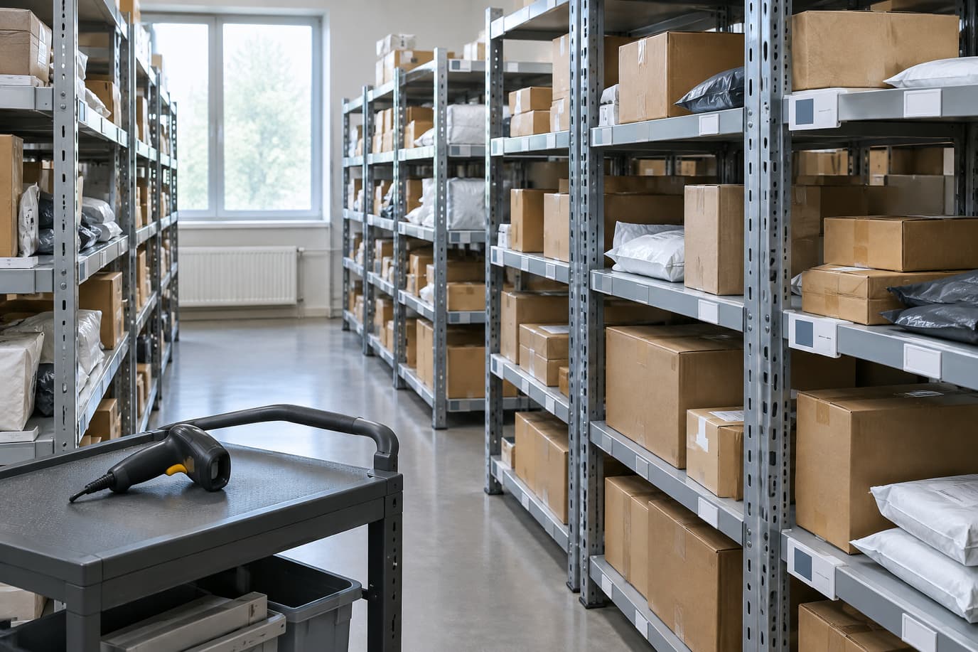 Pickup point racks with numbered shelves and parcel boxes of different sizes