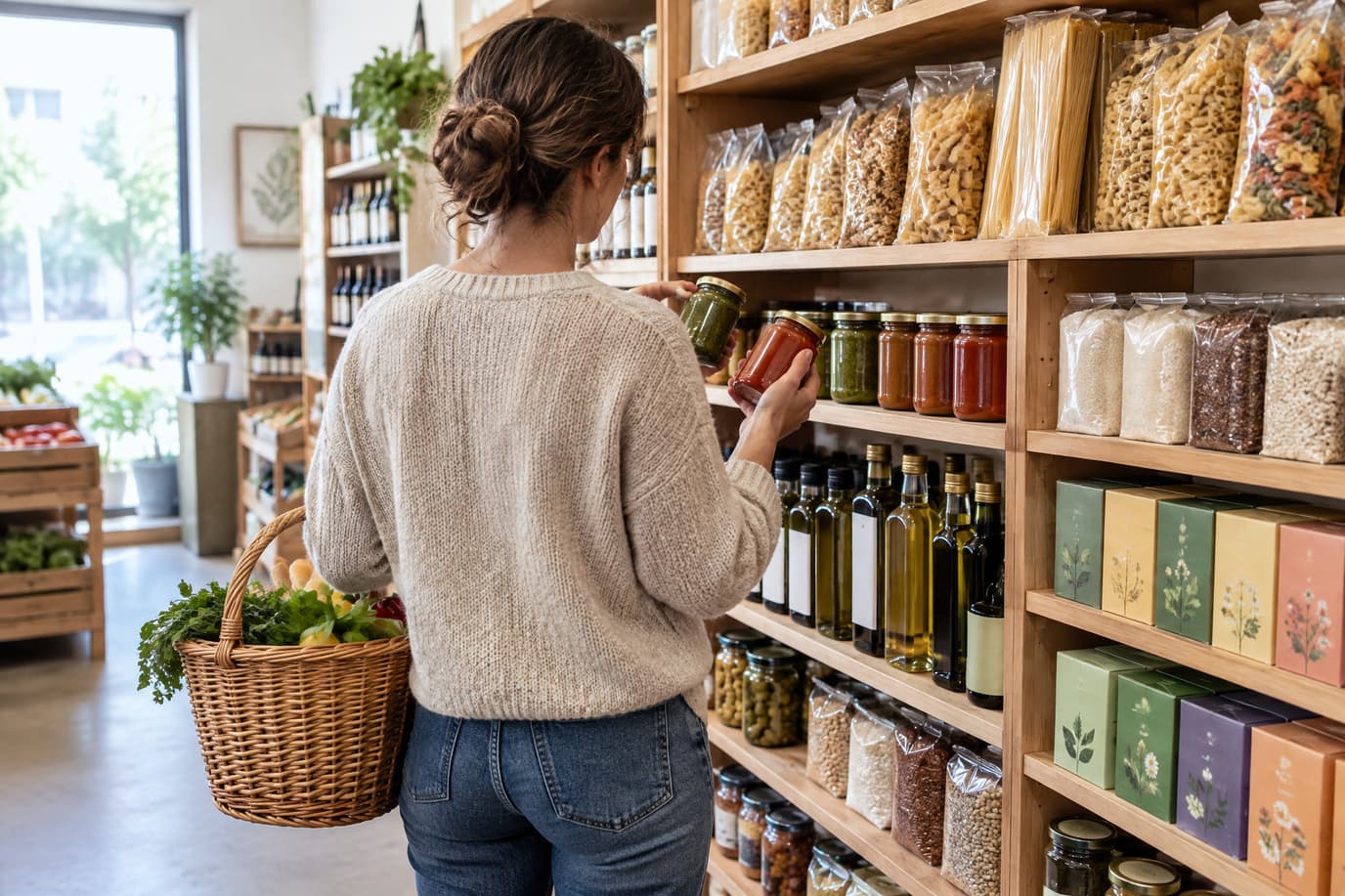A shopper with a basket picks a product in the aisle of a small neighbourhood grocery store