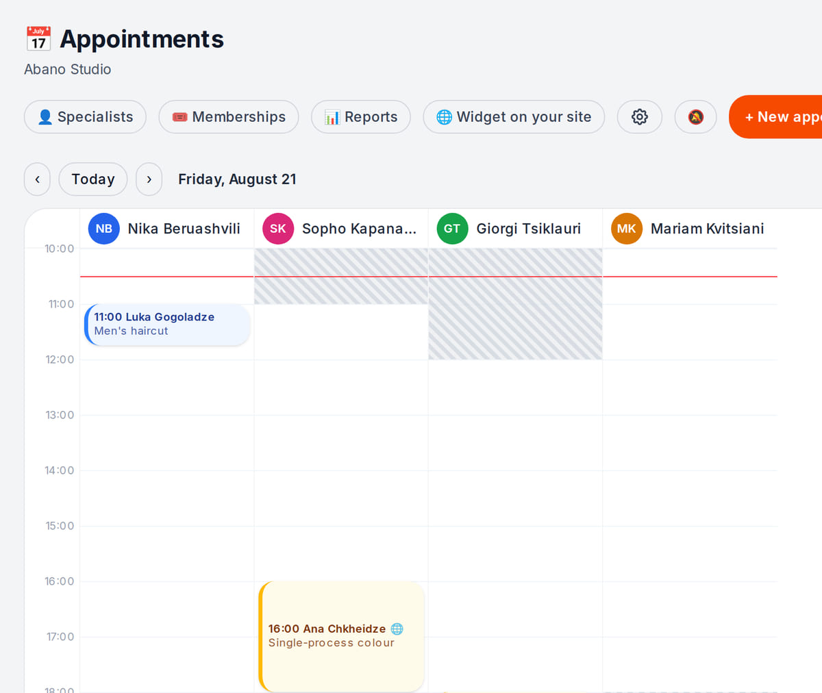 Back-office appointment journal: a column per specialist, visits by time and off-hours