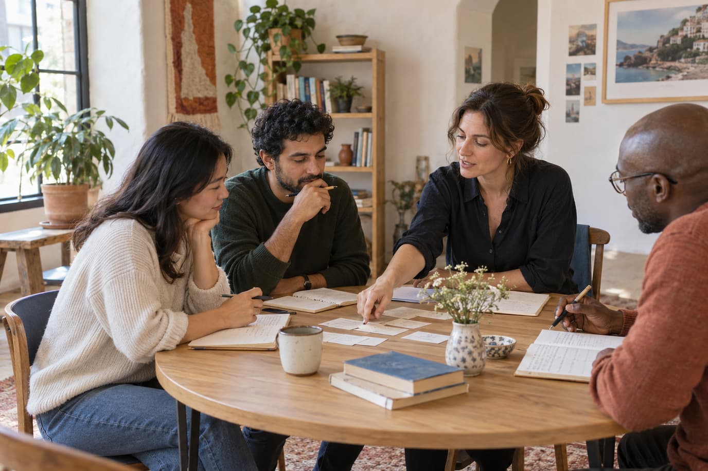 A language school teacher and three adult students review paper exercises around a shared table