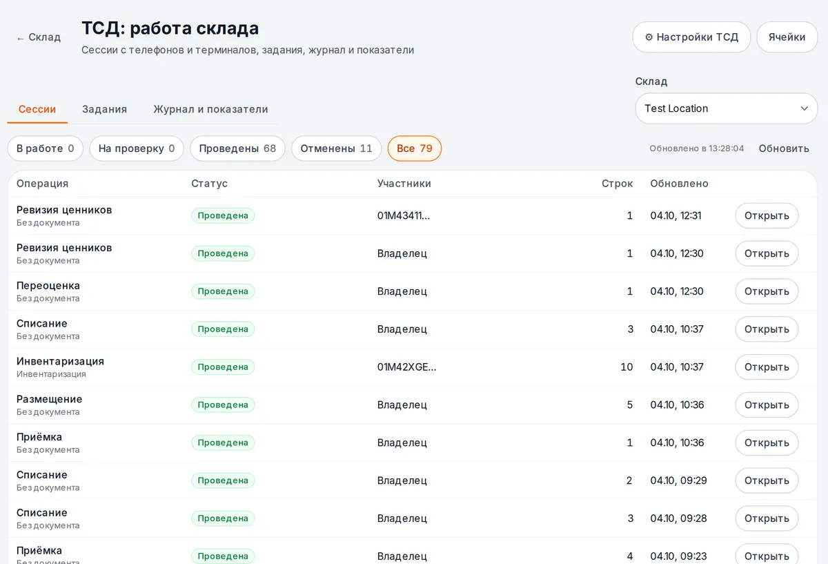 Офис склада: вкладки «Сессии», «Задания», «Журнал и показатели», фильтры «В работе», «На проверку», «Проведены», «Отменены», «Все» и список сессий с операцией, статусом, участниками и числом строк; справа вверху «Настройки ТСД» и «Ячейки»