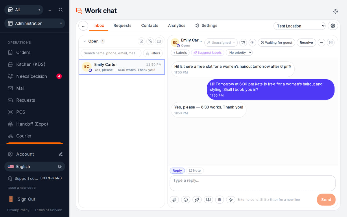 Guest chat inbox in the Cenaly workspace: a conversation with a website visitor about a haircut booking and the reply box