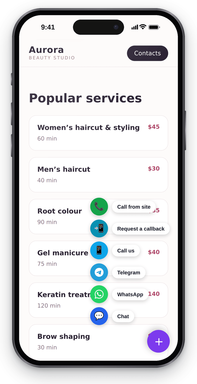 A beauty studio website on a phone with the multibutton open: chat, WhatsApp, Telegram, call, callback and call from the site