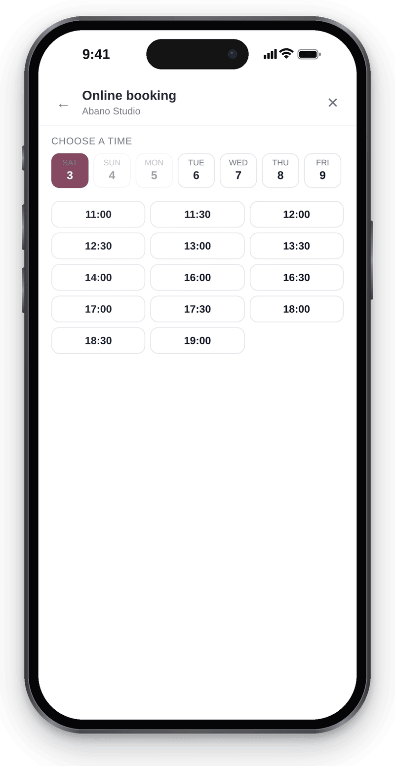Picking a time in the booking panel on a phone: weekdays and free slots for a haircut at the salon