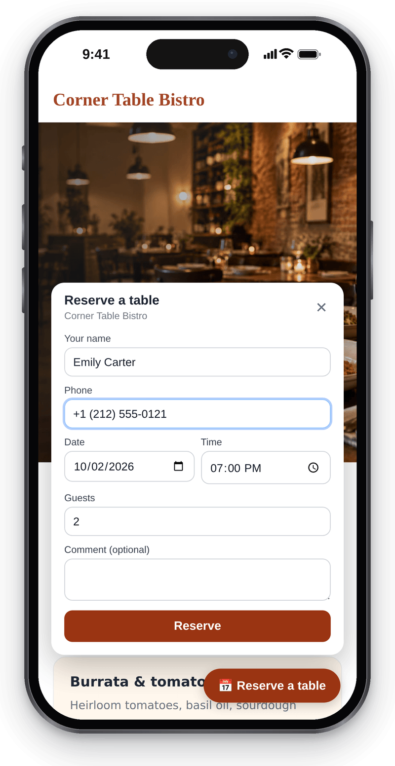 The table booking form on a bistro website on a phone: the guest enters name and phone and picks date and time