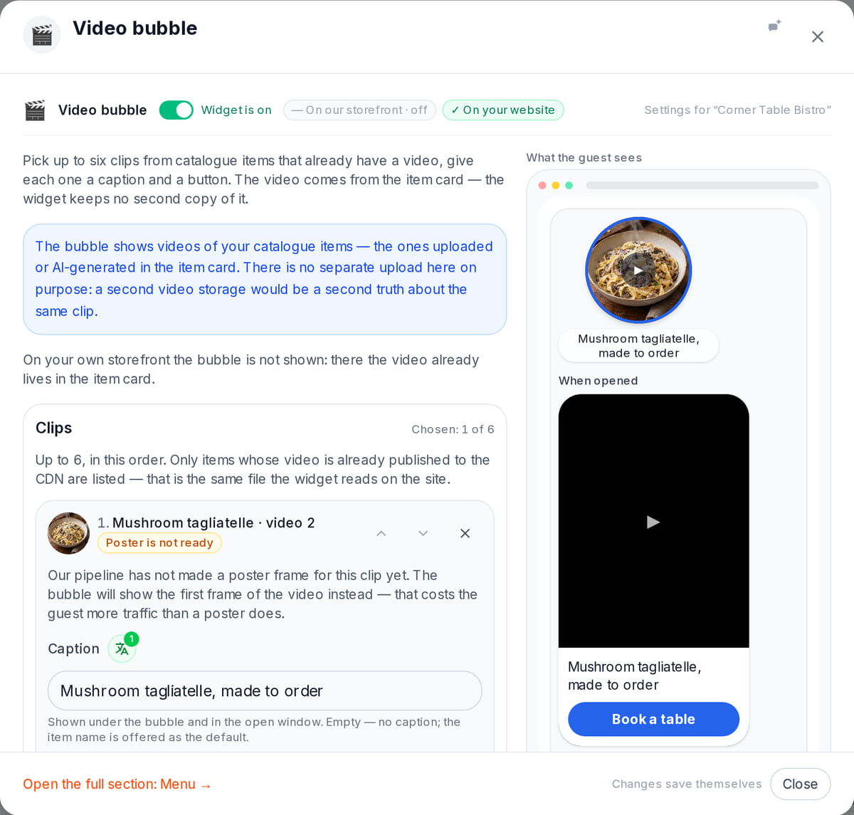 Video bubble settings in the dashboard: a clip from a menu item card, its caption, the button and a preview