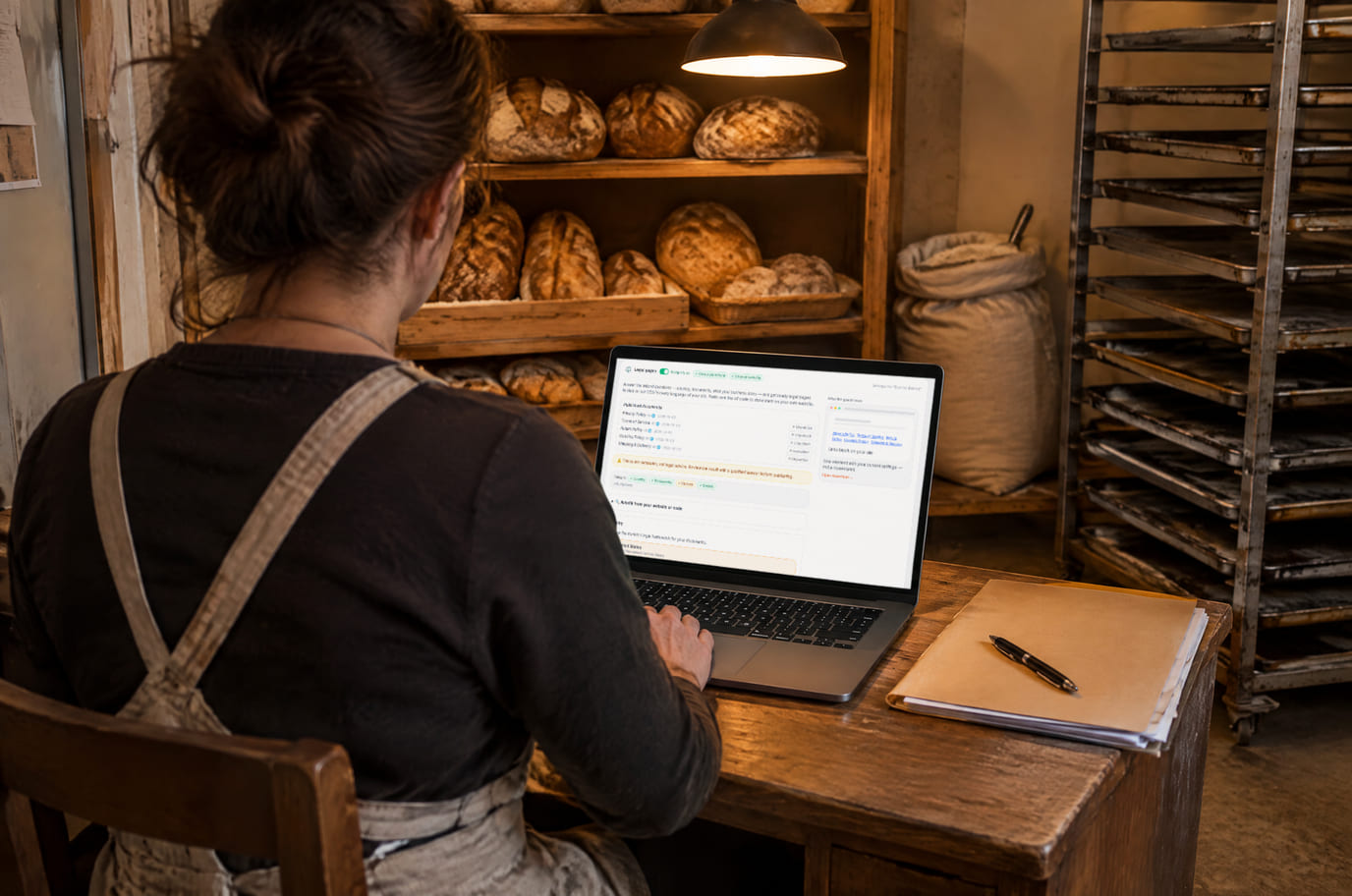 A bakery owner publishes the website’s legal documents from a laptop after closing