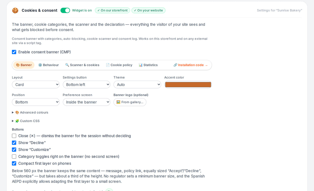 Cookie banner settings in the dashboard: layout, position, accent color and buttons