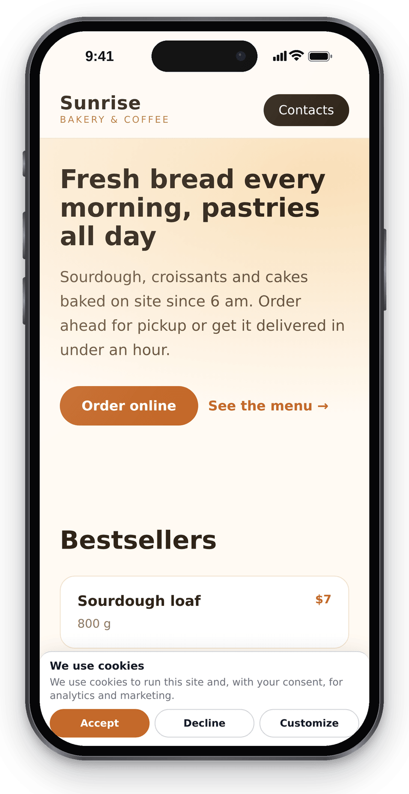 A compact cookie banner on a phone: a short message and three choice buttons