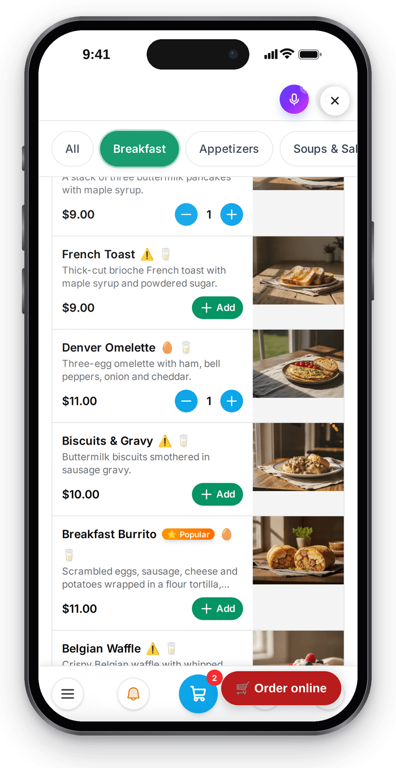 The ordering storefront over a restaurant website on a phone: dishes with prices, “Add” buttons and the cart counter
