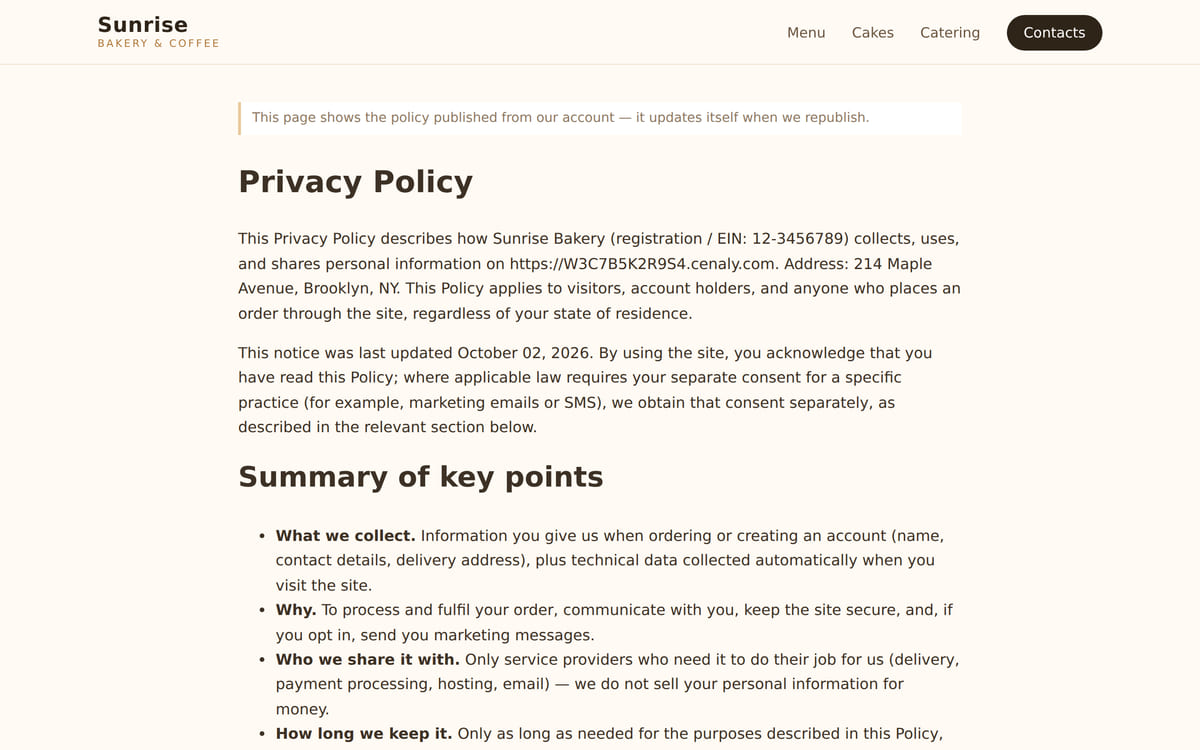 The privacy policy page on a bakery website: the text is embedded with one line of code and updates on republishing