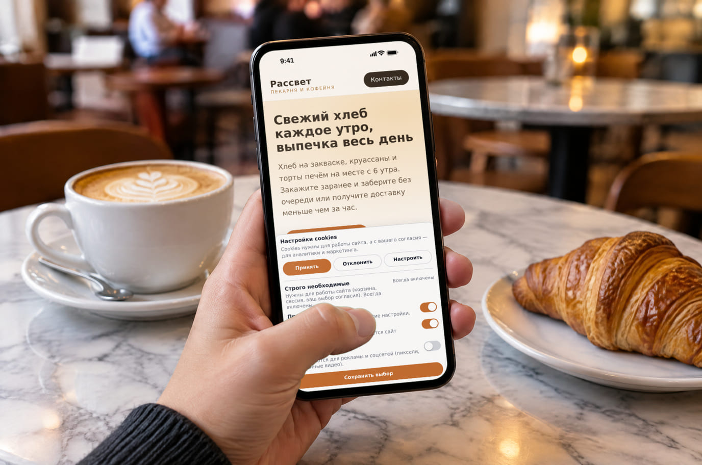 Посетитель в кафе выбирает категории cookies на сайте пекарни в телефоне